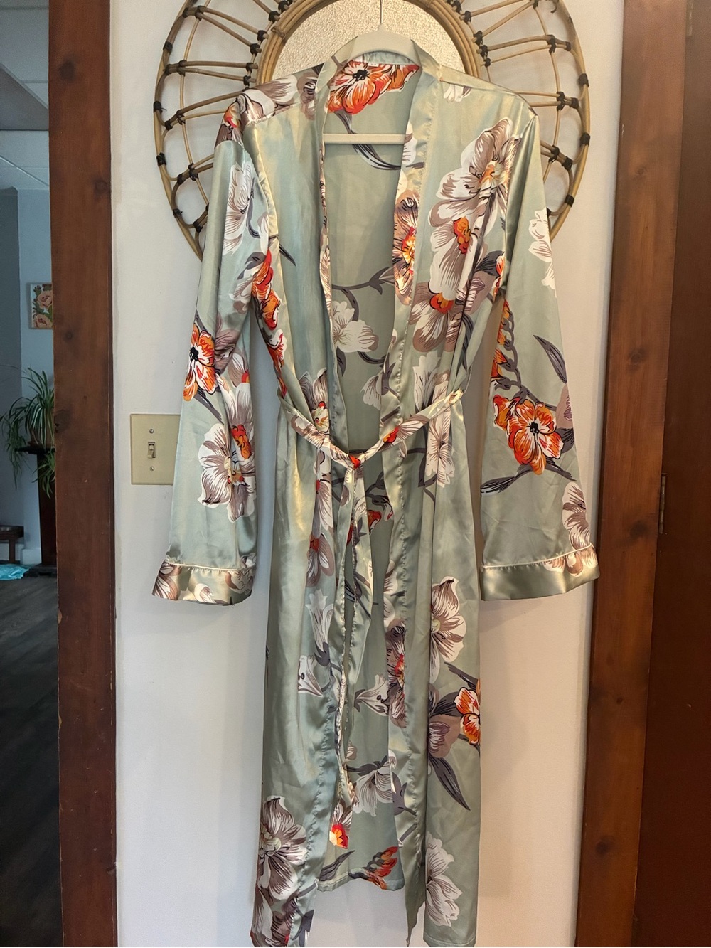 Floral Satin Robe in Sage Green with Orange Accents